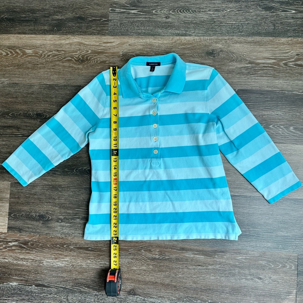 Lands' End Teal Blue Striped 3/4 Sleeve Polo Shirt - Women’s Size Large - Picture 4 of 7